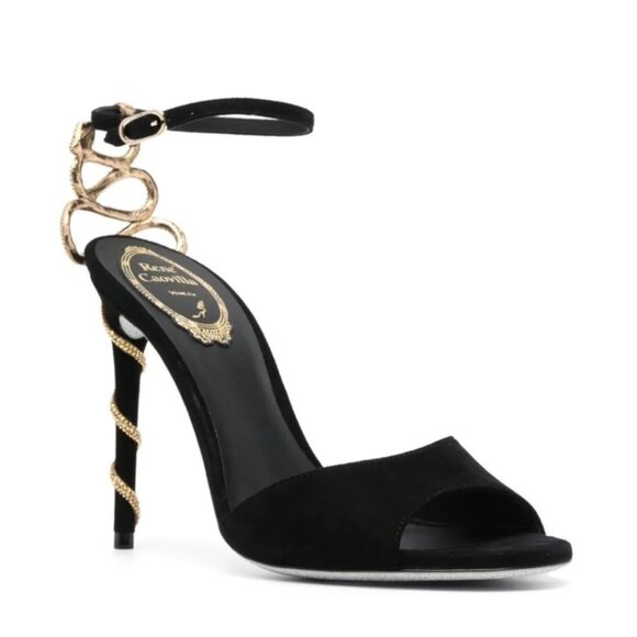NWT Rene Caovilla Morgana Sandals Black Suede Crystal Embellished High Stilettos - Picture 1 of 14